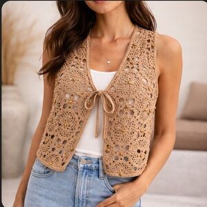 Zara Tan Crochet Knit Beaded Tie Vest